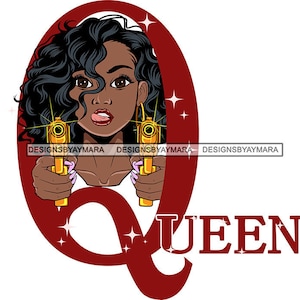 Q para Queen Black Queen En Una Letra Grande Q Rojo Cabello Rizado Apuntando Dos Pistolas De Oro SVG JPG PNG Vector Diseños Clipart Cricut Silhouette Cutting