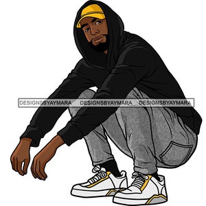 Black Man Black Hoodie Hood Up Gold Cap Gray Jeans White Sneakers Goatee Kneel SVG JPG PNG Vector Designs Clipart Cricut Silhouette Cutting