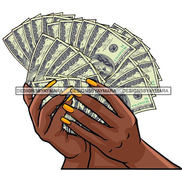 Woman's Hands Holding Piles Cash Money Stacks Fanned Dollars Gold Nail polish SVG JPG PNG Vector Designs Clipart Cricut Silhouette Cutting