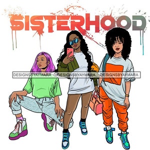 Sisterhood Three Black Women Wearing Baggie Orange Sweats Blue Ripped Jeans Sweatshirt SVG Vector Designs Clipart Cricut Silhouette Cutting