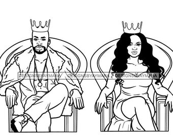 Bald Black King And Queen Sitting On There Thrones Wearing A Crown Couple SVG JPG PNG Vector Designs Clipart Cricut Silhouette Cutting