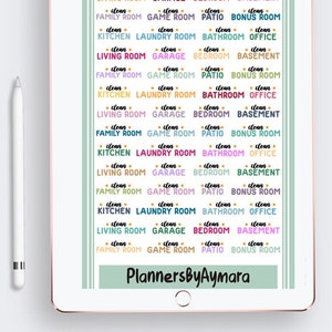 May include: A digital tablet screen displaying a set of colorful printable stickers for a planner. The stickers are labeled with different rooms of a house, such as "Kitchen", "Laundry Room", "Bathroom", "Office", "Living Room", "Garage", "Bedroom", "Basement", "Family Room", "Game Room", "Patio", and "Bonus Room". The text "PlannersByAymara" is at the bottom of the screen.