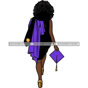 Graduación Afro Mujer Púrpura Gorra Diploma Logro Educación Ceremonia Universitaria Estudiante Graduado SVG JPG PNG Vector Clipart Cricut Cut Files