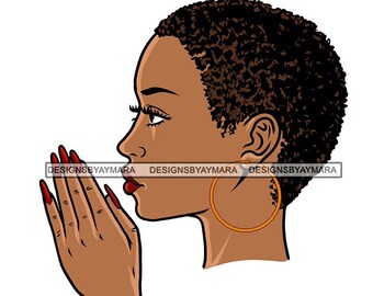 Afro Woman with Hands folded in Prayer Praying God Pray Prayers Holy Lady Coil Short Hair Devotion SVG PNG JPG Cricut Print Cutting Designs