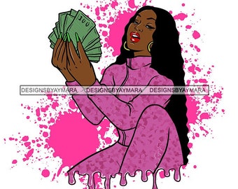 Kapiąca bogini latynoska czarna kobieta licząca pieniądze logo element splash melanina nubijska SVG JPG PNG wektor clipart Cricut Cut plik do cięcia