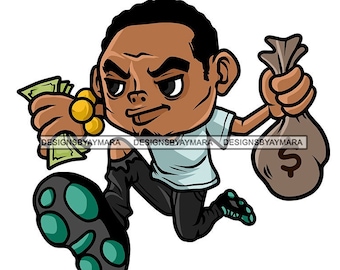 Black man Cartoon Character Holding Money Bag Cash Running Hustler Grinding Street Dope Boy Trap House SVG PNG JPG Vector Cutting Designs