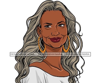 Beautiful Black Woman Abuela Long Flowing Gray Hair Smiling Gray Top Gold Hoops SVG JPG PNG Vector Designs Clipart Cricut Silhouette Cutting