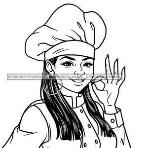 白人女性シェフの制服 OK サインを出すシェフの帽子 料理人 パン屋 食べ物 長い髪 SVG JPG PNG ベクター デザイン クリップアート Cricut シルエット カッティング