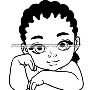 Adorable Big Eyed Cute Black Boy Child With Cornrows Toddler Kid In Bw Coloring SVG JPG PNG Vector Designs Clipart Cricut Silhouette Cutting
