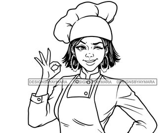 White Woman Chef Uniform Okay Sign Chef Hat Cook Food Apron Kitchen Wink Bw SVG JPG PNG Vector Designs Clipart Cricut Silhouette Cutting