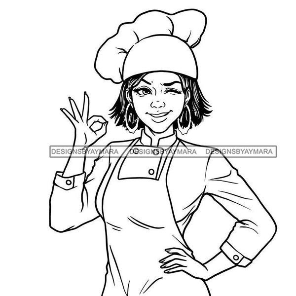 White Woman Chef Uniform Okay Sign Chef Hat Cook Food Apron Kitchen Wink Bw SVG JPG PNG Vector Designs Clipart Cricut Silhouette Cutting