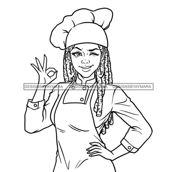 Black Woman Chef Uniform Okay Sign Chef Hat Cook Food Apron Kitchen Locs Wink  SVG JPG PNG Vector Designs Clipart Cricut Silhouette Cutting