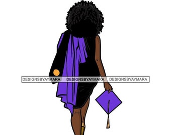 Graduation Afro Woman Purple Cap Diploma Achievement Education College Ceremony Student Graduate SVG JPG PNG Vector Clipart Cricut Cut Files