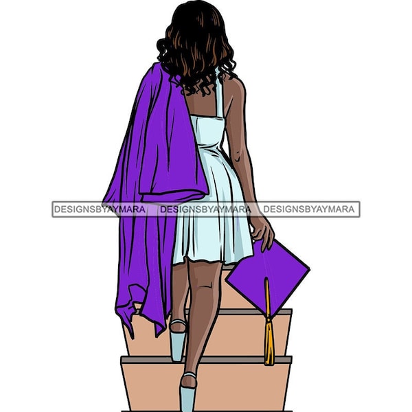 Graduate Walking Up Stairs Blue Dress Carrying Purple Cap And Gown Graduation SVG JPG PNG Vector Designs Clipart Cricut Silhouette Cutting