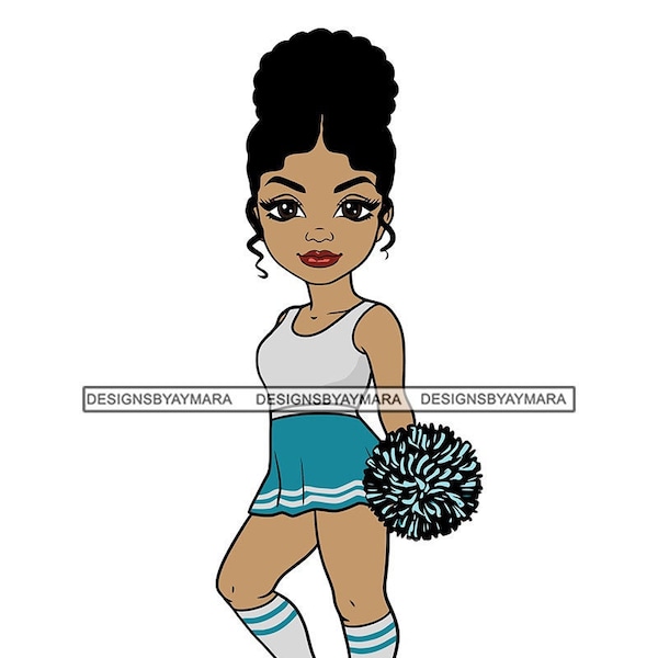 Melanin Cheerleader Cheerleading In Turquoise And White Cheer Outfit White Socks Pom Poms SVG JPG PNG Vector Designs Clipart Cricut Cutting