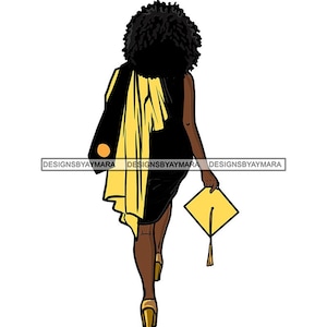 Graduación Afro Mujer Gorra Diploma Ceremonia Vestido Amarillo Educación Universidad Estudiante Blck Vestido Graduado SVG JPG PNG Vector Clipart Cricut Cut
