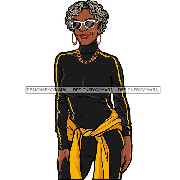 Beautiful Gray Haired Black Woman Grandmother Black Outfit Gold Sweater Abuela SVG JPG PNG Vector Designs Clipart Cricut Silhouette Cutting