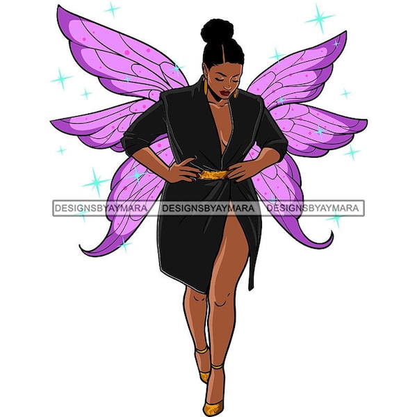 Plus Size Diva Purple Butterfly Wings Short Split Black Dress Heels Afro Puff SVG JPG PNG Vector Designs Clipart Cricut Silhouette Cutting