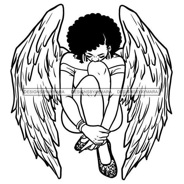 Angel Praying With Large Wings Arms Hands Folded Legs In Bw Braids Melanin God  SVG JPG PNG Vector Designs Clipart Cricut Silhouette Cutting