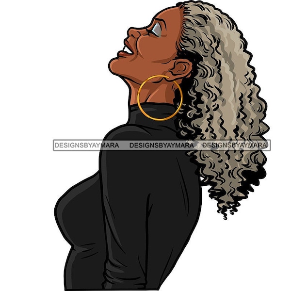 Beautiful Long Gray Hair Black Woman Grandmother Abuela  Big Hoops In Color SVG JPG PNG Vector Designs Clipart Cricut Silhouette Cutting