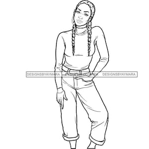 Beautiful  Black Woman In Jeans With Long Braids In Bw Coloring Page Outline  SVG JPG PNG Vector Designs Clipart Cricut Silhouette Cutting