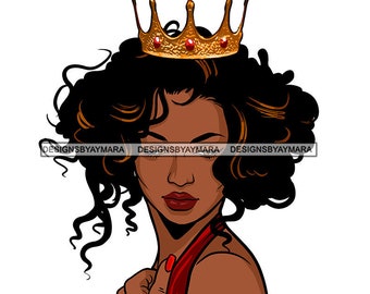 Beautiful Black Queen Red Dress Gold Crown Diva Melanin Goddess Curly Hair Cute SVG JPG PNG Vector Designs Clipart Cricut Silhouette Cutting