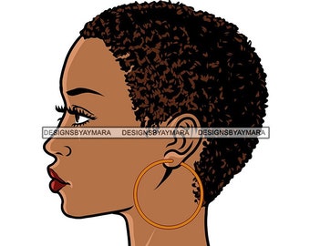 Melanin Beautiful Woman Head-shot Coil Style Natural Hair Red Lips Cosmetic Salon Logo Hoop Earrings SVG PNG JPG Cricut Print Cutting Design
