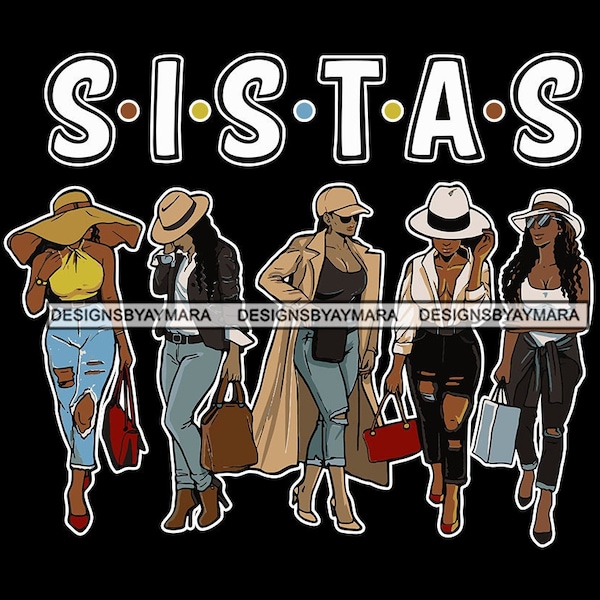 Hermanas de Sista 5 damas en jeans posando mujeres blancas mejores amigas chica de moda SVG JPG PNG diseños vectoriales Clipart Cricut silueta corte