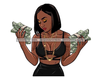 Natural Diva Holding Handfuls of Cash Money Dollar Bill in Black Halter Top Black Pants SVG Vector Designs Clipart Cricut Silhouette Cutting