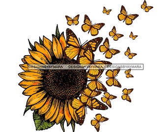 Beautiful Sunflower With Yellow and Black Butterflies Flying Off of It Graphic Image SVG Vector Designs Clipart Cricut Silhouette Cutting