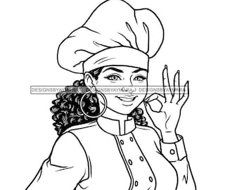 Black Woman Chef In Chef Uniform Giving Okay Sign Chef Hat Cook Baker Food  Bw  SVG JPG PNG Vector Designs Clipart Cricut Silhouette Cutting