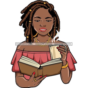 May include: A woman with brown dreadlocks is reading a book while holding a cup of coffee. She is wearing a pink off-the-shoulder top and has a gold necklace on.