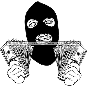 May include: Black and white illustration of a person wearing a ski mask holding stacks of US dollar bills. The bills are fanned out and show the denomination of $100.