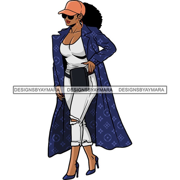 Fashionista Woman Wearing Luxury Expensive Blue Fashion Coat Baseball Hat Dark Glasses Ripped Jeans SVG PNG JPG Cricut Print Cutting Designs