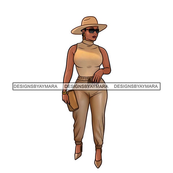 Beautiful Melanin Woman With Leather Pants Pamela Hat Glasses Brown Outfit Elegant Glamour PNG JPG Designs Clipart Cricut Silhouette Cutting