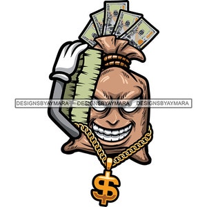 Money Bag Cartoon Character Holding Money Stacks Cash Bank Trap House Dope Boy Gold Chain Hip Hop Rap SVG PNG JPG Vector Cutting Designs