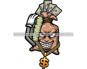 Money Bag Cartoon Character Holding Money Stacks Cash Bank Trap House Dope Boy Gold Chain Hip Hop Rap SVG PNG JPG Vector Cutting Designs