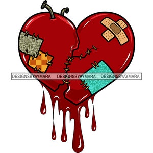Puede incluir: Un corazón rojo roto en dos, con puntos de sutura y vendas, goteando sangre. El corazón está decorado con parches coloridos con patrones.