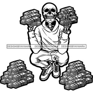 Hustler Man Skull Cartoon Character Holding Money Stacks Hustling Grind Tattoo Squeleton Death SVG PNG JPG Cricut Print Cut Cutting Designs