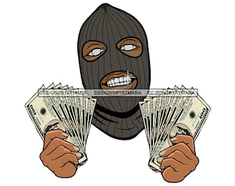 Gangster Man Wearing Ski Mask Holding Money Stacks Cash Dollar Bank Dope Boy Diamond Teeth Burglar Hustler SVG PNG JPG Vector Cutting Design