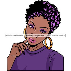 May include: A digital illustration of a woman with short, curly purple hair. She is wearing a purple shirt and large gold hoop earrings. She is looking to the side with a confident expression.