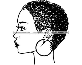 Afro Beautiful Woman Head-shot Coil Style Natural Hair Dark Lips Cosmetic Salon Logo Hoop Earrings SVG PNG JPG Cricut Print Cutting Designs