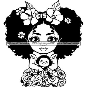 Entzückende Melanin Baby Mädchen Blumen Puppe Kind Kind Kind Pferdeschwanz Haare Säugling Glücklich Little Toddler Tochter SVG PNG JPG Vektor Cutting Designs