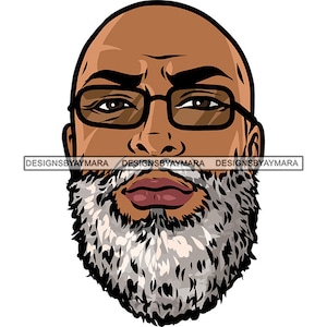 African American Man Portrait Bearded White Beard Handsome Senior Older Male Reading Glasses Bald Hair SVG PNG JPG Vector Cutting Designs