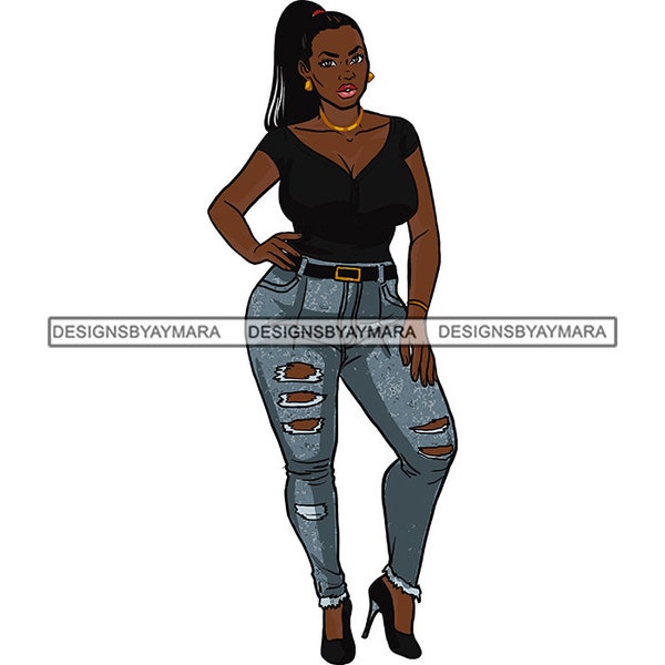 Melanin Curvy Woman Ripped Jeans Fashion Model Beautiful Lady Fashionable Stylish Ponytail Hairstyle SVG PNG JPG Cricut Print Cutting Design