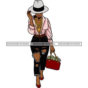 Feminine Fashion Woman Glamour Fedora Panama Hat Ripped Jeans Gold Chains Purse With Money Apparel SVG PNG JPG Cricut Print Cutting Designs