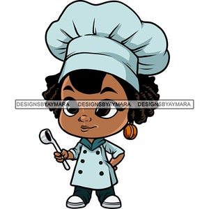 Melanin Woman Chef Cartoon Style Afro Hair Big Eyes Uniform Culinary Hat Business Logo Cooker Young Lady SVG PNG JPG Vector Cutting Designs
