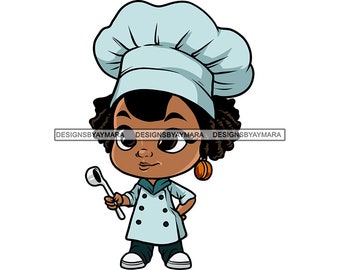 Melanin Woman Chef Cartoon Style Afro Hair Big Eyes Uniform Culinary Hat Business Logo Cooker Young Lady SVG PNG JPG Vector Cutting Designs