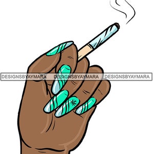 Unghie lunghe Afro femmina mano tenendo sigaretta smussata Logo articolare Organico Nuova sigaretta medica SVG PNG JPG Vettore Clipart Cricut Taglio Taglio