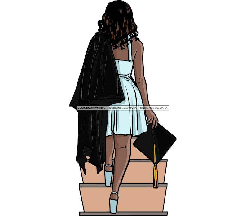 Graduate Walking up Stairs Blue Dress Carrying Black Cap and Etsy